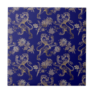 Elegant Blue Gold Lion Floral Ceramic Tile