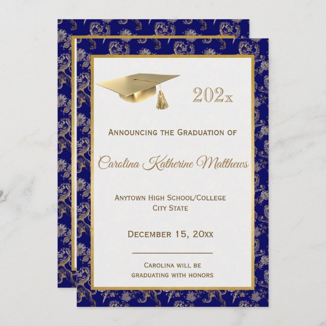 Elegant Blue Gold Lion Floral Graduation Announcement (Front/Back)