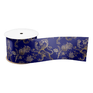 Elegant Blue Gold Lion Floral Satin Ribbon