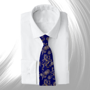 Elegant Blue Gold Lion Floral Tie