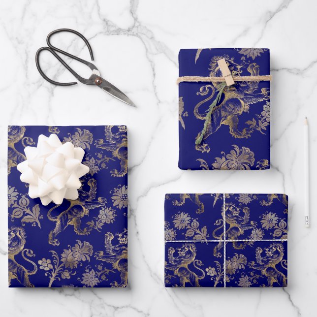 Elegant Blue Gold Lion Floral Wrapping Paper Sheet (Front)