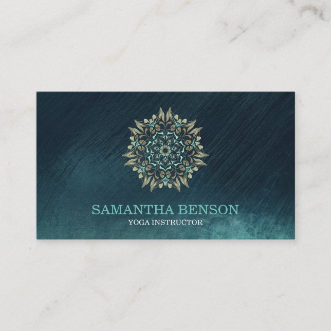Elegant Blue & Gold Lotus Yoga Instructor Business Business Card (Front)