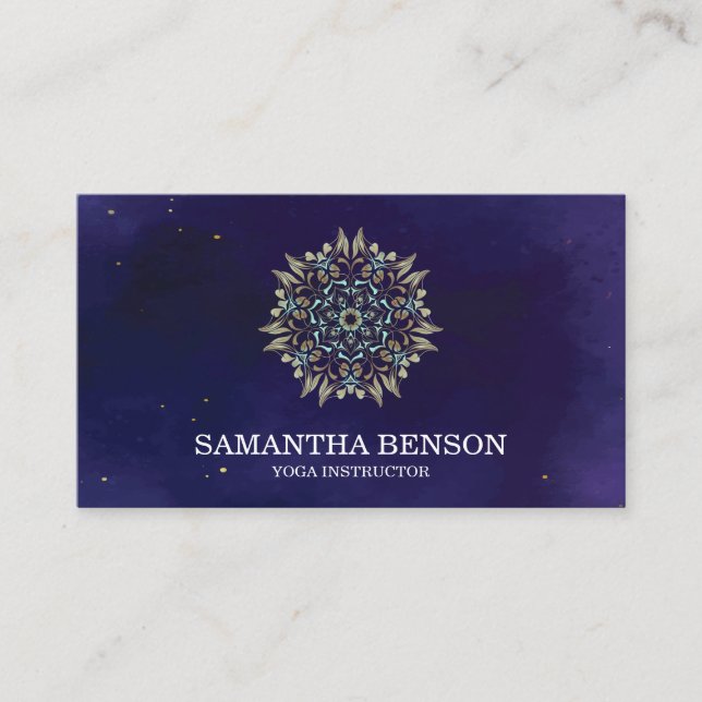 Elegant Blue & Gold Lotus Yoga Instructor Business Card (Front)