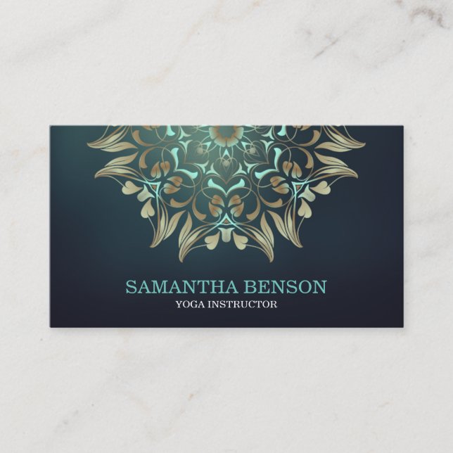 Elegant Blue & Gold Lotus Yoga Instructor Business Card (Front)