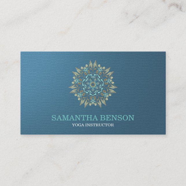 Elegant Blue & Gold Lotus Yoga Instructor Business Card (Front)