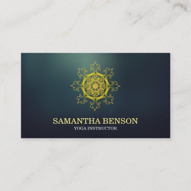 Elegant Blue & Gold Lotus Yoga Instructor Business Card (Front)
