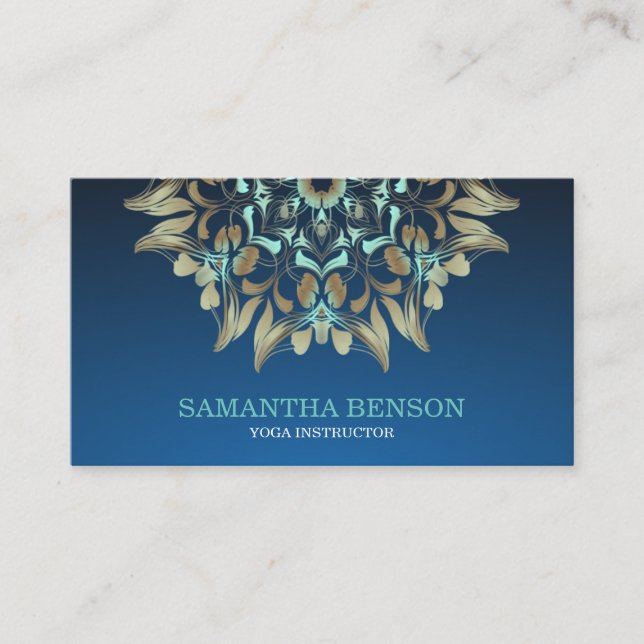 Elegant Blue & Gold Lotus Yoga Instructor Business Card (Front)