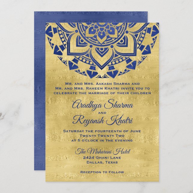 Elegant Blue Gold Mandala Indian Wedding  Invitation (Front/Back)