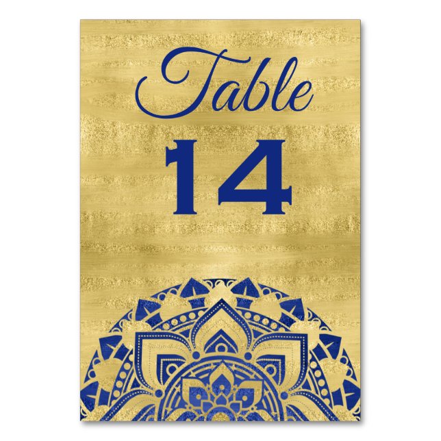 Elegant Blue Gold Mandala Indian Wedding Table Number (Front)