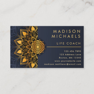 Elegant Blue Gold Mandala Life Coach  Business Card