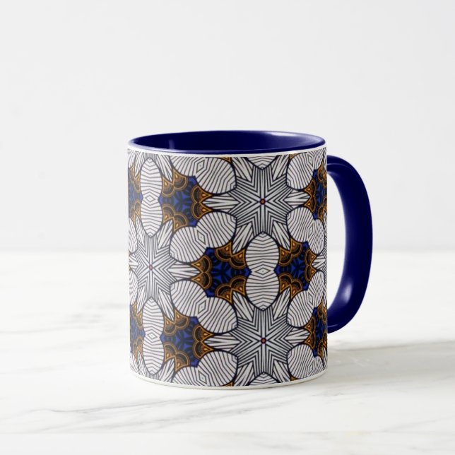 Elegant Blue & Gold Mandala Mug w/ Deep Indigo I (Front Right)