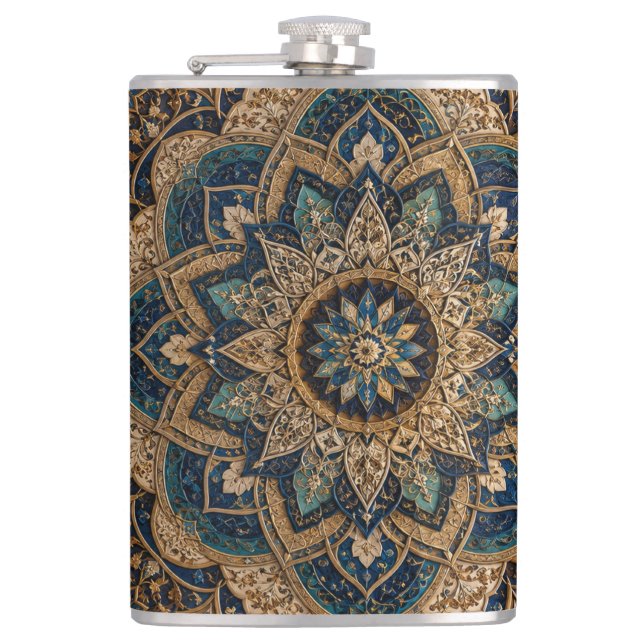 Elegant Blue & Gold Mandala Pattern Slim Water Bot Hip Flask (Front)