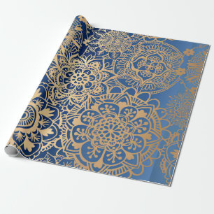 Elegant Blue Gold Mandala Pattern Wrapping Paper