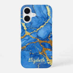 Elegant Blue & Gold Marble iPhone 16 Case