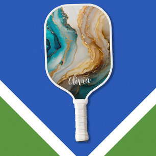Elegant Blue Gold Marble Personalised Name Pickleball Paddle