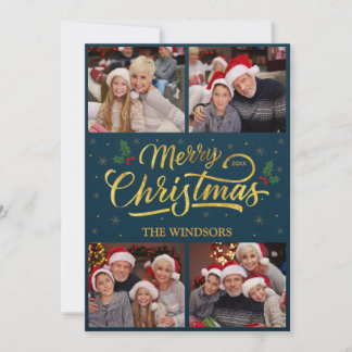 Elegant Blue & Gold Merry Christmas Photo Collage Holiday Card