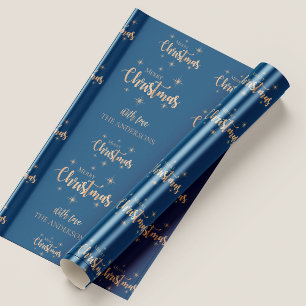 Elegant Blue Gold Merry Christmas Quote Gift Wrapping Paper Sheet