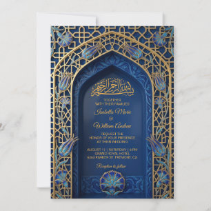 Elegant Blue Gold Mihrab Islamic Wedding Invitation