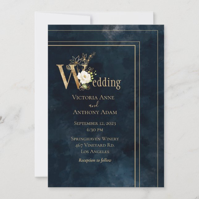 Elegant Blue Gold Modern Wedding Invitation (Front)