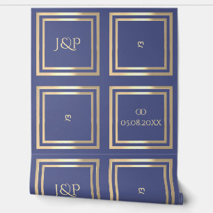 Elegant blue gold monogram backdrop wedding wallpaper
