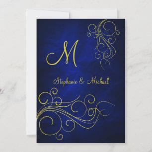 Elegant Blue Gold Monogram Wedding Invitation