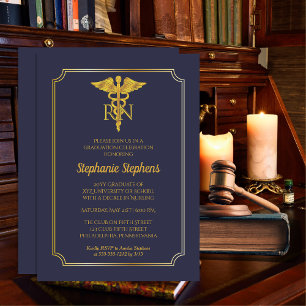Elegant Blue   Gold Nurse RN Graduation Party Invitation