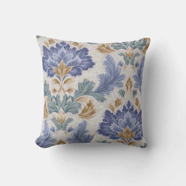Elegant Blue & Gold Ornamental Floral Throw Pillow (Front)