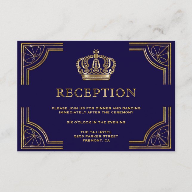 Elegant Blue Gold Ornate Crown Reception Enclosure Card (Front)