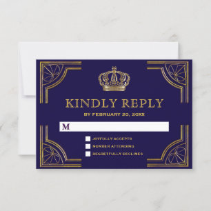 Elegant Blue Gold Ornate Crown RSVP Card