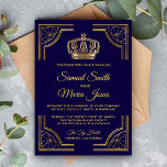 Elegant Blue Gold Ornate Crown Wedding Invitation<br><div class="desc">Amaze your guests with this royal theme wedding invitation featuring an elegant gold ornate border and beautiful crown against a blue background. Simply add your event details on this easy-to-use template to make it a one-of-a-kind invitation. Flip the card over to reveal a beautiful pattern on the back of the...</div>