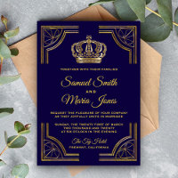 Elegant Blue Gold Ornate Crown Wedding Invitation