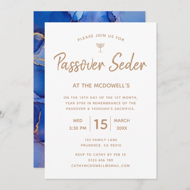 Elegant Blue Gold Passover Seder Invitation (Front/Back)