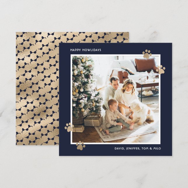 Elegant Blue Gold Paw Photo Happy Howlidays Holiday Card (Front/Back)