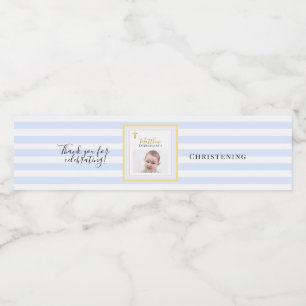 Elegant Blue Gold Photo Christening Party Water Bottle Label