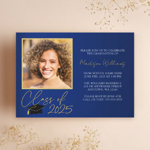 Elegant Blue Gold Photo Graduation Announcement