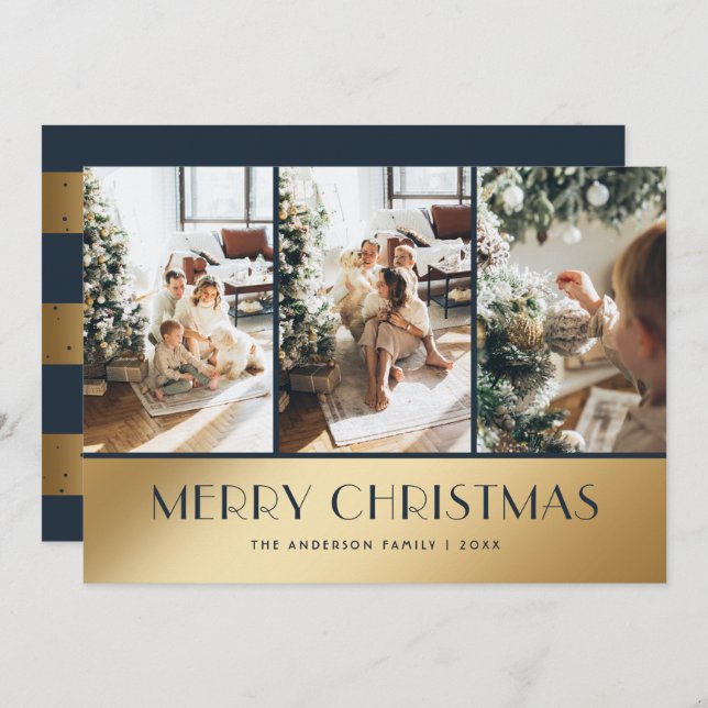 Elegant Blue Gold Photo Merry Christmas Card (Front/Back)
