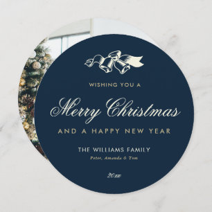 Elegant Blue Gold Photo Merry Christmas Holiday Card