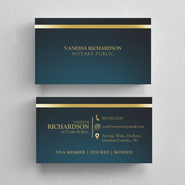 Elegant Blue & Gold Professional Notary Public Bus Business Card (Creator Uploaded)