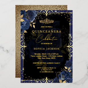 Elegant Blue Gold Rose Quinceanera