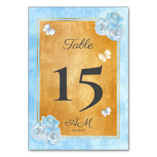 Elegant Blue Gold Roses Butterflies Quinceañera Table Number
