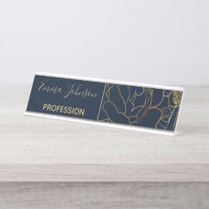Elegant Blue Gold Roses Floral Desk Name Plate