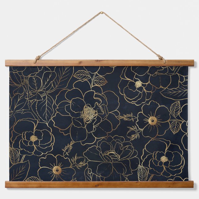 Elegant Blue Gold Roses Flowers  Hanging Tapestry (Front)