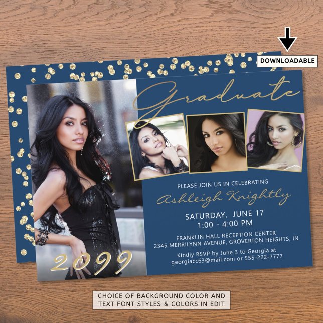 Elegant Blue Gold Script 4 Photo Graduate Invitation (Creator Uploaded)