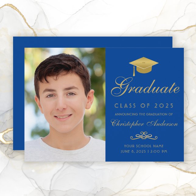 Elegant Blue Gold Script Cap Photo Graduation Announcement (Elegant Royal Blue and Gold Photo Graduation Announcement for boys.)