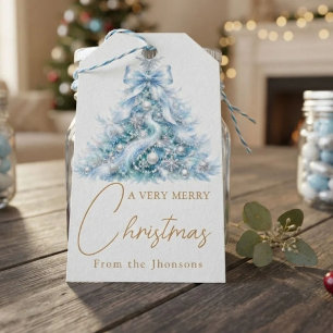 Elegant blue gold script Christmas Tree Winter Gift Tags