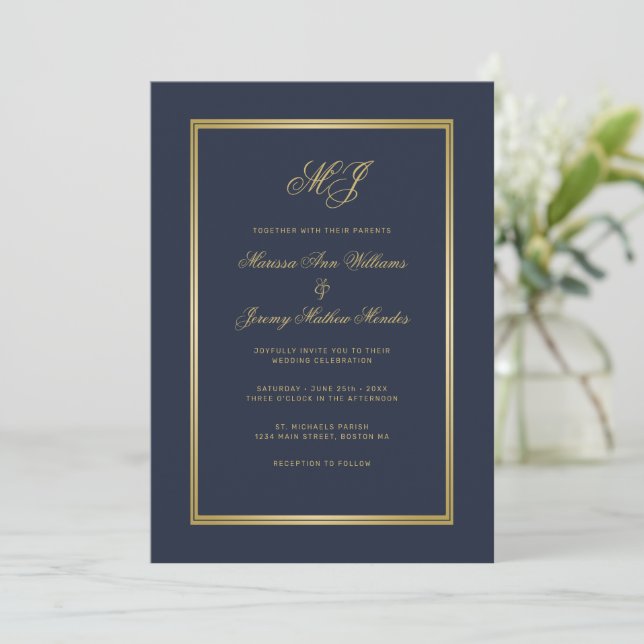 Elegant Blue Gold Script Monogram Wedding Invitation (Standing Front)