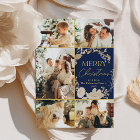 Elegant Blue Gold Script Multi Photo Christmas 