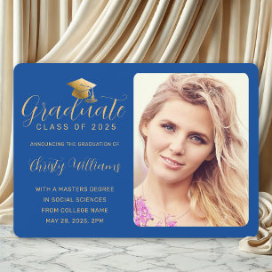 Elegant Blue Gold Script Photo College Graduation Announcement