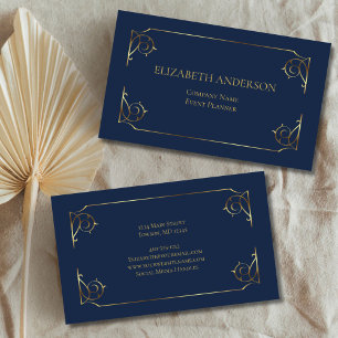 Elegant Blue Gold Scroll Minimal Business Card