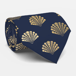 Elegant Blue Gold Seashell Ocean Pattern Men's Tie